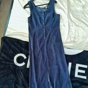 Vintage faux suede navy sleeveless button down maxi dress